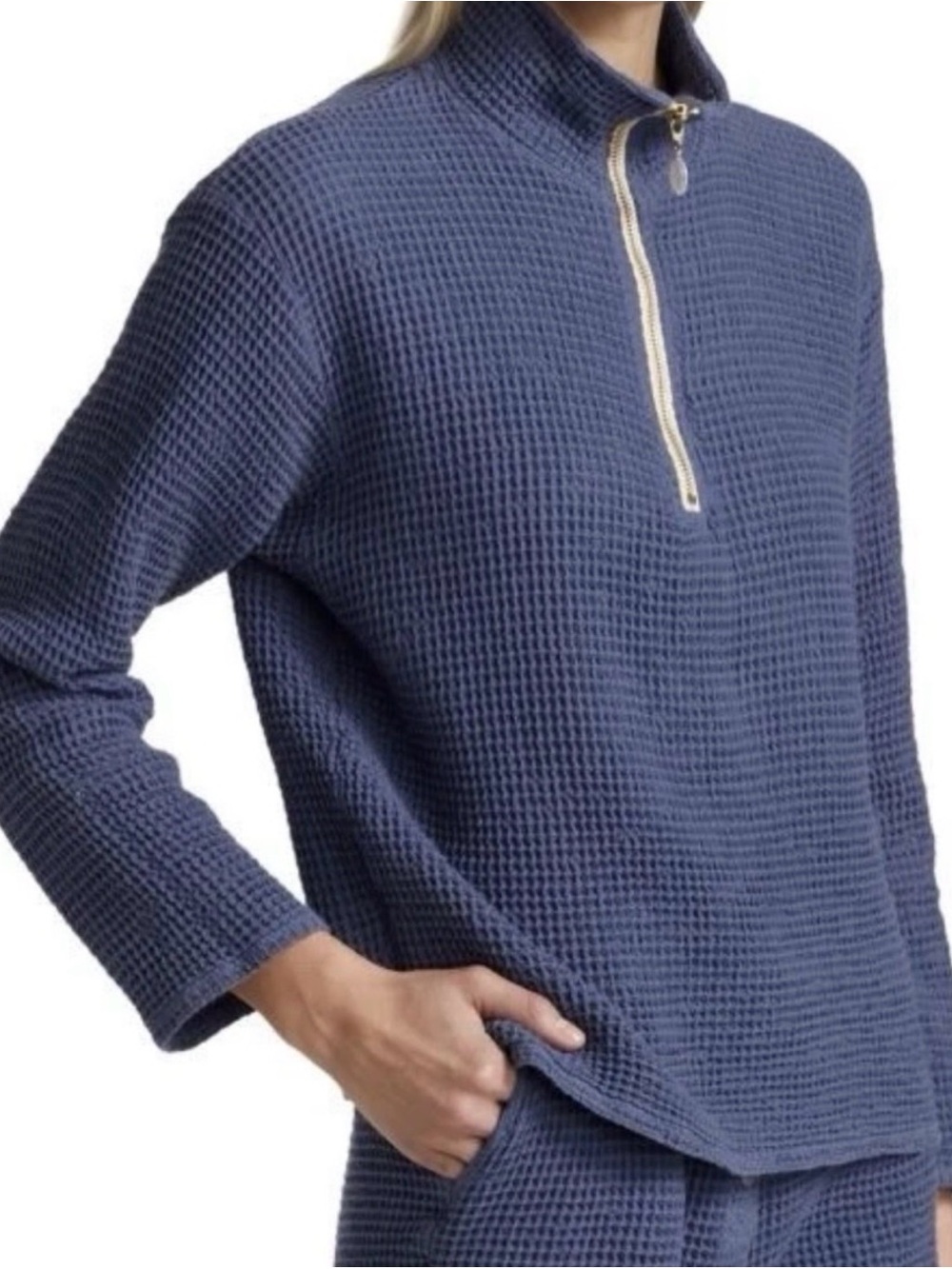 DONNI Navy Waffle-Knit Half-Zip Sweater